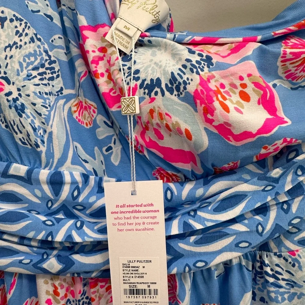 Lilly Pulitzer One-Shoulder Floral Sheath Dress in Turquoise and Pink - Picture 7 of 7